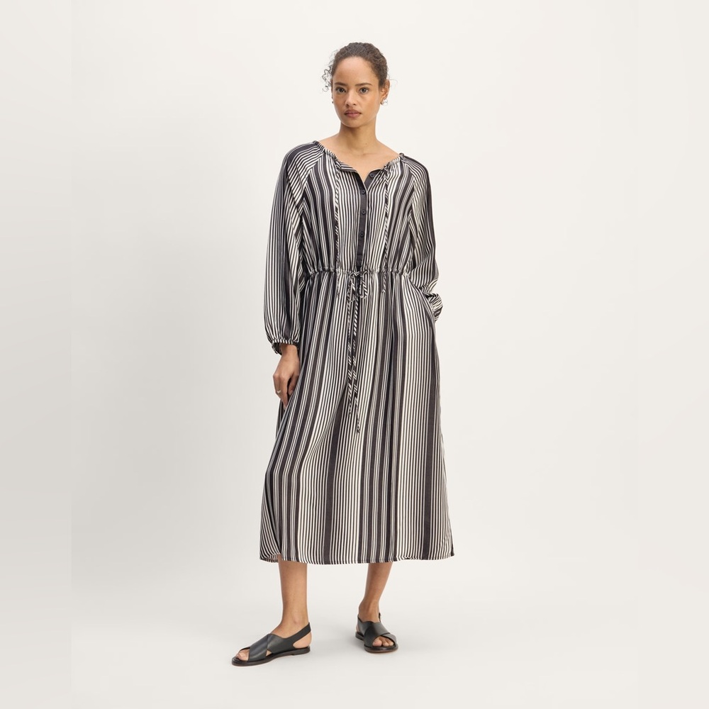 Everlane The Tencel Gathered Maxi Dress Black White Striped XS